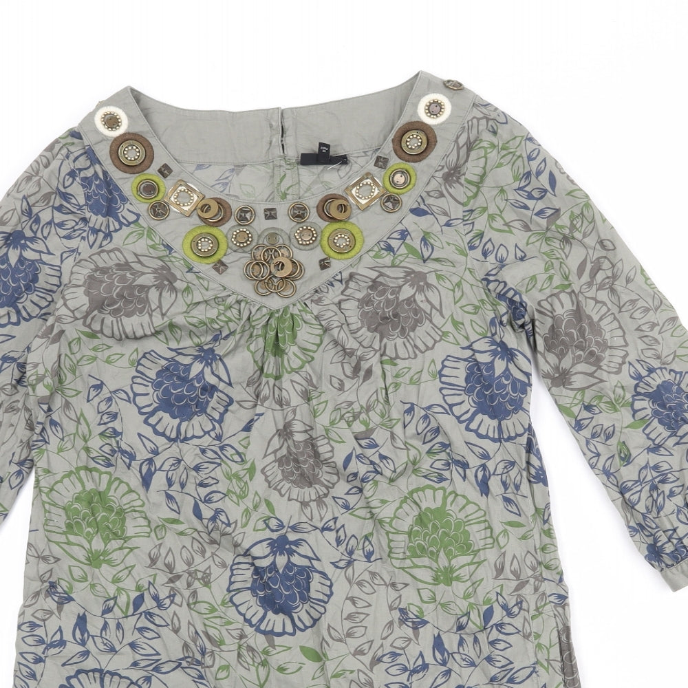 NEXT Womens Multicoloured Geometric 100% Cotton A-Line Size 10 Boat Neck Button - Embellished Neckline