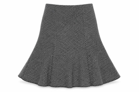 Front view of Wallis women’s black geometric polyester swing skirt, size UK 10, zip