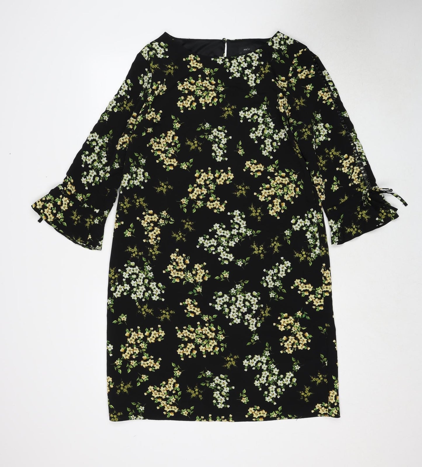 M&Co Womens Black Floral Polyester A-Line Size 12 Round Neck Button