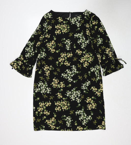 M&Co Womens Black Floral Polyester A-Line Size 12 Round Neck Button