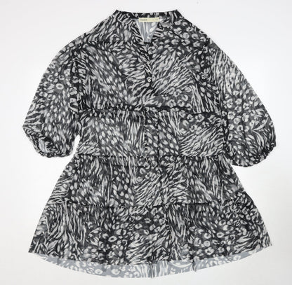 Oasis Womens Black Animal Print Polyester A-Line Size S V-Neck Drawstring - Sheer