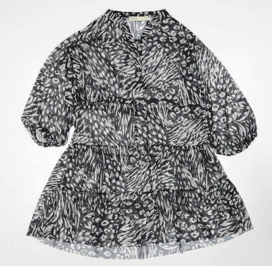 Oasis Womens Black Animal Print Polyester A-Line Size S V-Neck Drawstring - Sheer