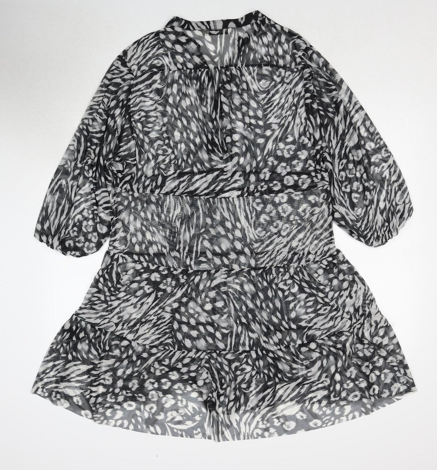 Oasis Womens Black Animal Print Polyester A-Line Size S V-Neck Drawstring - Sheer