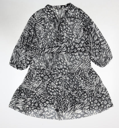 Oasis Womens Black Animal Print Polyester A-Line Size S V-Neck Drawstring - Sheer