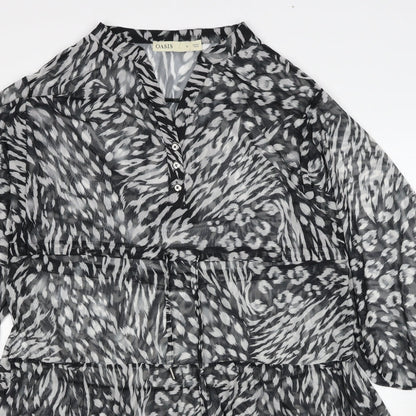 Oasis Womens Black Animal Print Polyester A-Line Size S V-Neck Drawstring - Sheer