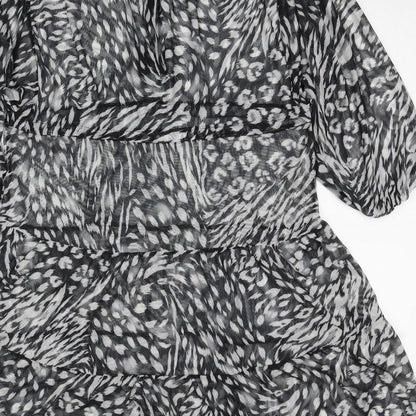 Oasis Womens Black Animal Print Polyester A-Line Size S V-Neck Drawstring - Sheer