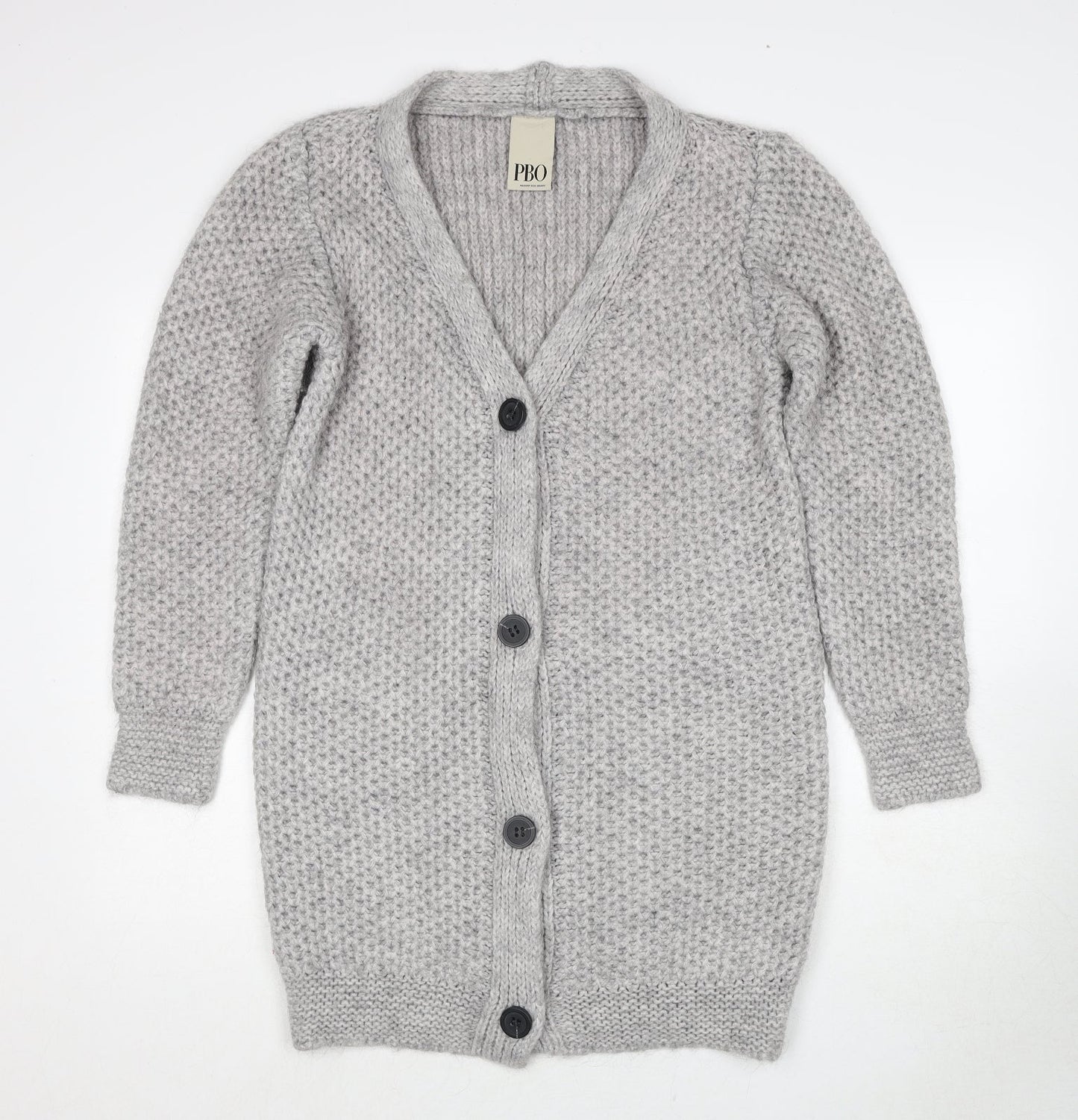 PBO Womens Grey V-Neck Acrylic Cardigan Jumper Size S