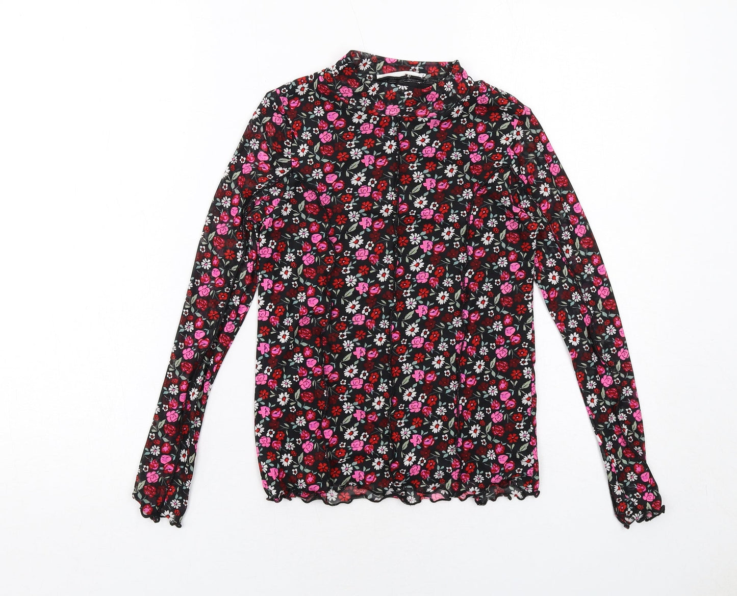 Marks and Spencer Girls Black Floral Polyester Basic T-Shirt Size 10-11 Years Mock Neck Pullover