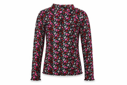 Front view of Marks & Spencer girls’ black floral polyester basic t-shirt, size 10-11, years mock neck pullover