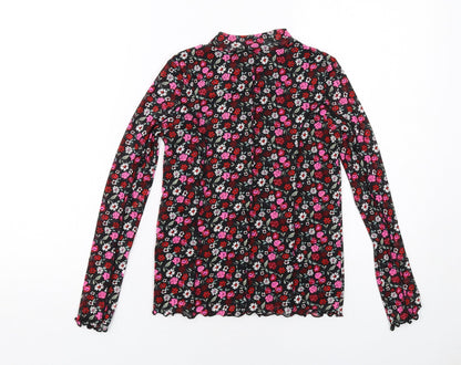 Marks and Spencer Girls Black Floral Polyester Basic T-Shirt Size 10-11 Years Mock Neck Pullover