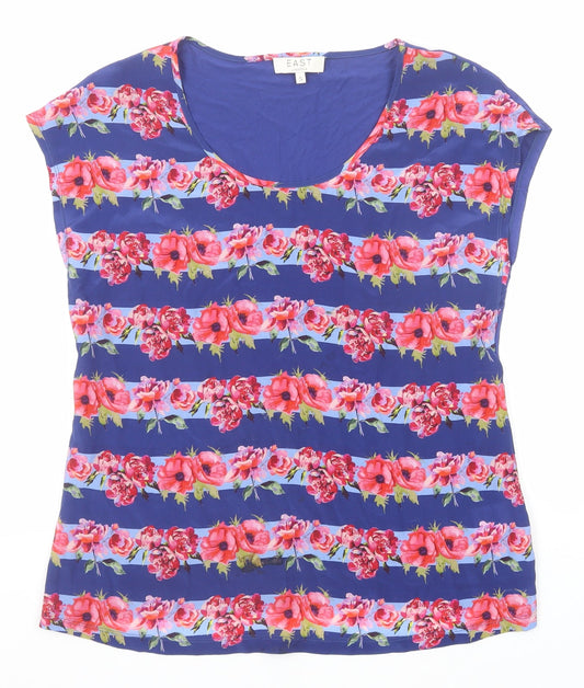 EAST Womens Blue Floral Silk Basic T-Shirt Size S Scoop Neck