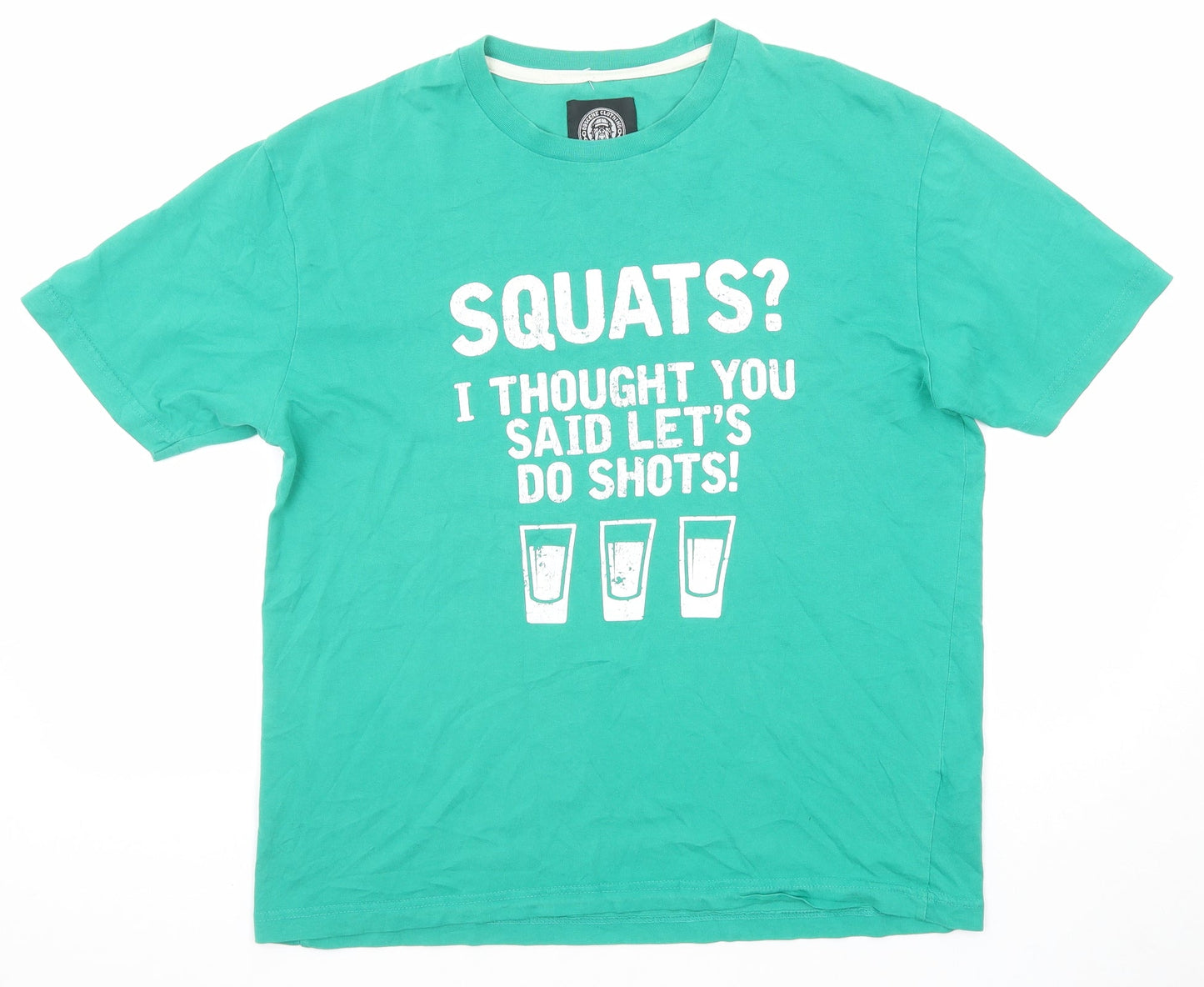 Obscene Clothing Womens Green Cotton Basic T-Shirt Size L Round Neck - Squats? Shots Slogan