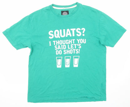 Obscene Clothing Womens Green Cotton Basic T-Shirt Size L Round Neck - Squats? Shots Slogan