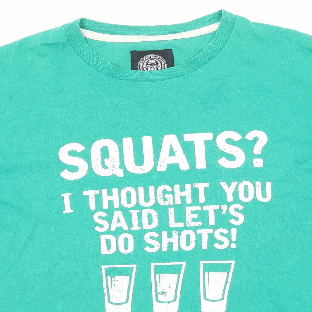 Obscene Clothing Womens Green Cotton Basic T-Shirt Size L Round Neck - Squats? Shots Slogan