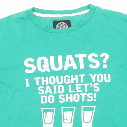 Obscene Clothing Womens Green Cotton Basic T-Shirt Size L Round Neck - Squats? Shots Slogan