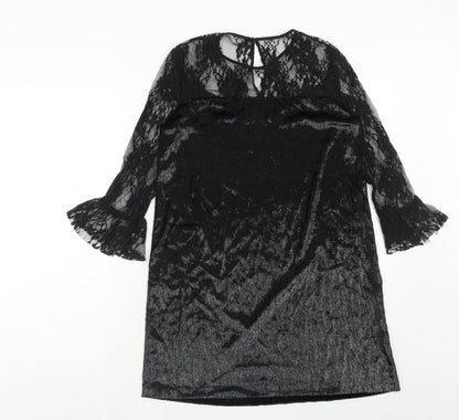 Zara Womens Black Polyester A-Line Size XS Boat Neck Button - Lace Top