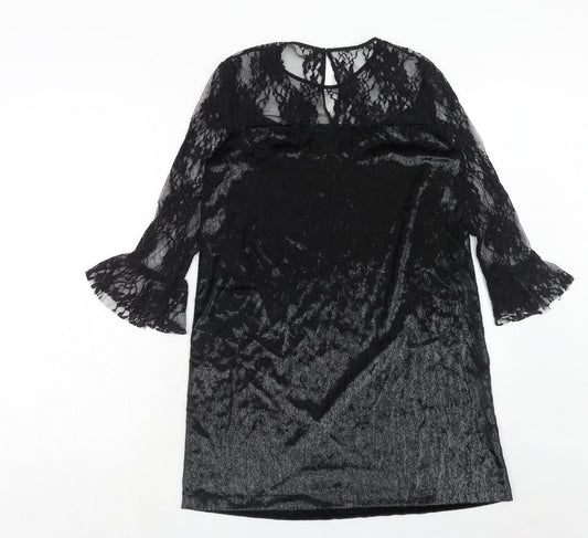 Zara Womens Black Polyester A-Line Size XS Boat Neck Button - Lace Top