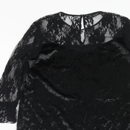 Zara Womens Black Polyester A-Line Size XS Boat Neck Button - Lace Top