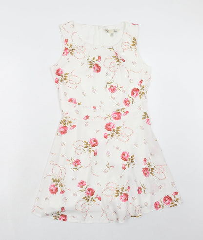 Yumi Womens White Floral Polyester A-Line Size 10 Boat Neck Zip