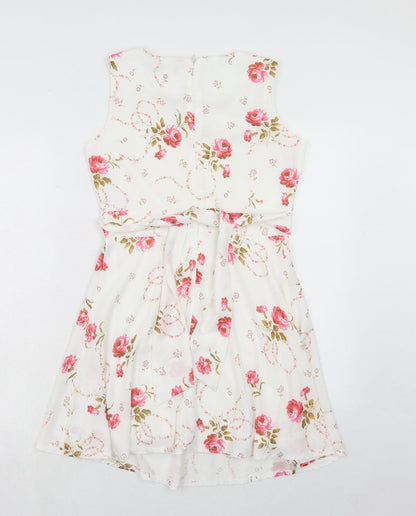 Yumi Womens White Floral Polyester A-Line Size 10 Boat Neck Zip