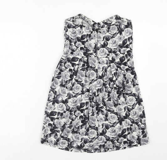 Dorothy Perkins Womens Grey Floral Cotton A-Line Size 12 Off the Shoulder Zip