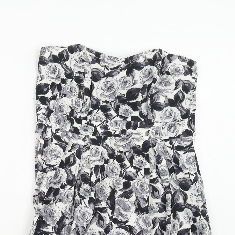 Dorothy Perkins Womens Grey Floral Cotton A-Line Size 12 Off the Shoulder Zip
