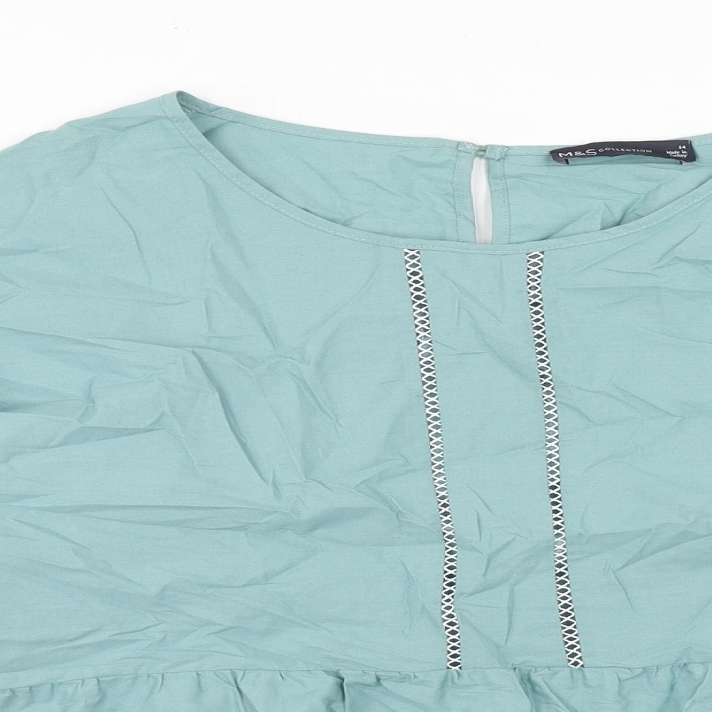 Marks and Spencer Womens Blue Cotton Basic Blouse Size 14 Boat Neck