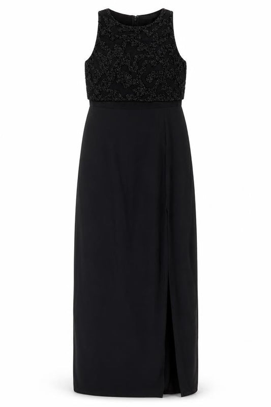 Front view of ASOS women’s black polyester maxi, size UK 8, round neck zip