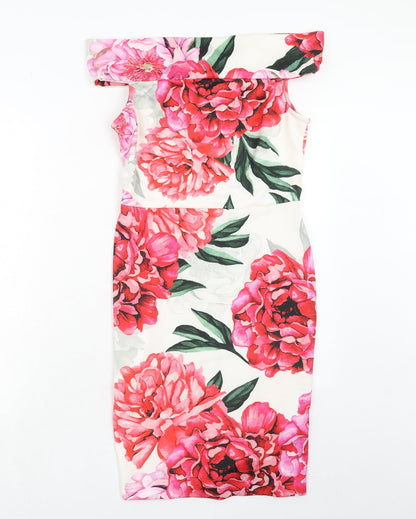 Paraphrase Womens Pink Floral Polyester Bodycon Size S Off the Shoulder Zip