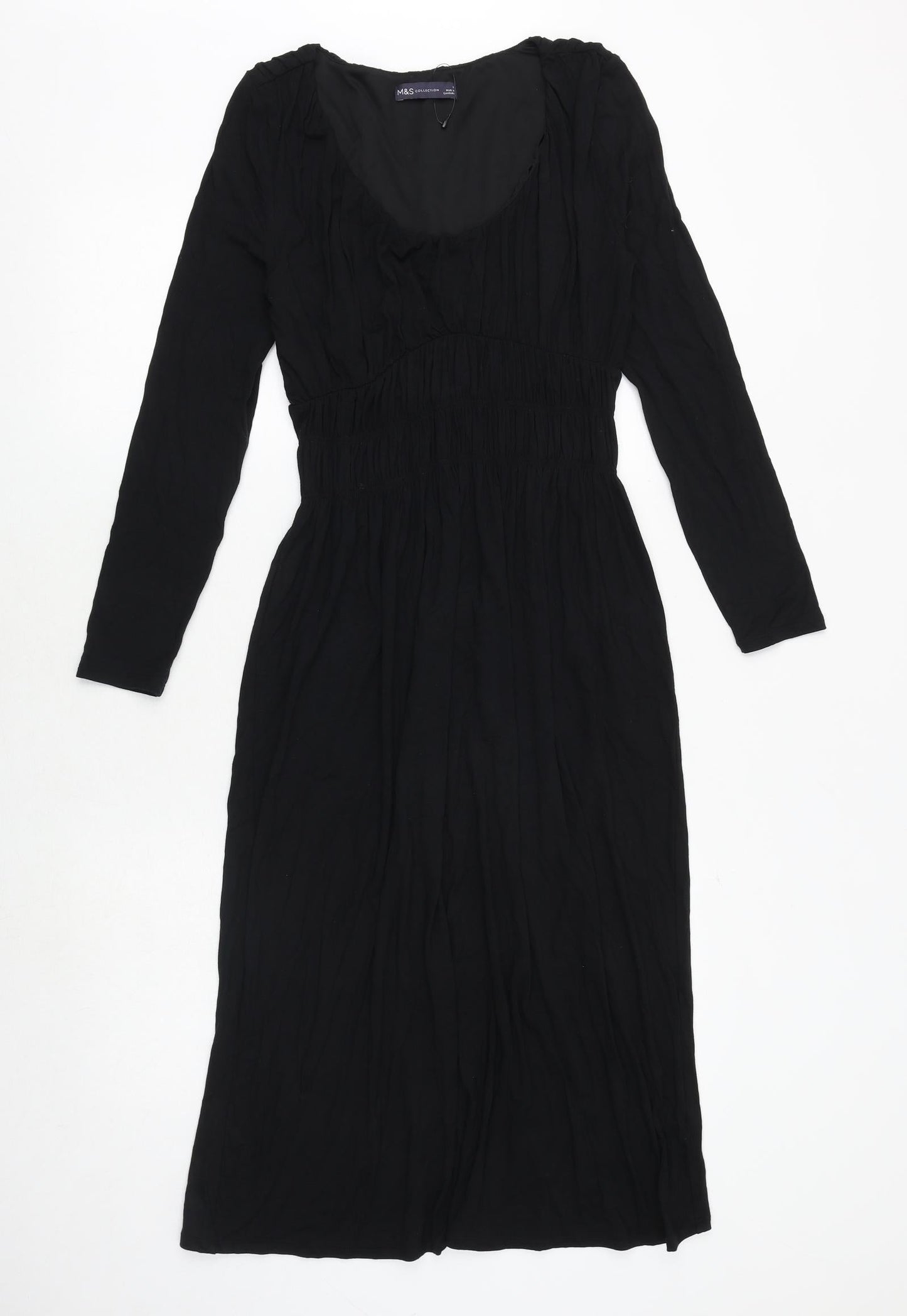 Marks and Spencer Womens Black Viscose A-Line Size 6 Scoop Neck Pullover - Shirred Waist