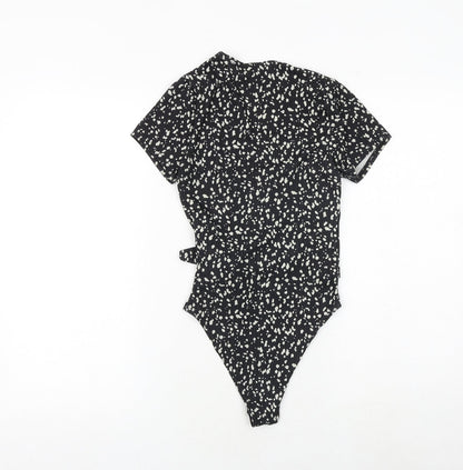 New Look Womens Black Animal Print Polyester Bodysuit One-Piece Size 8 Snap - Tie Front Detail