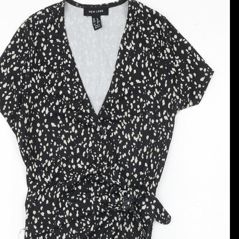 New Look Womens Black Animal Print Polyester Bodysuit One-Piece Size 8 Snap - Tie Front Detail