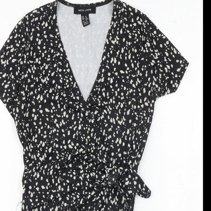 New Look Womens Black Animal Print Polyester Bodysuit One-Piece Size 8 Snap - Tie Front Detail