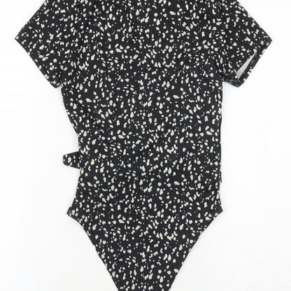 New Look Womens Black Animal Print Polyester Bodysuit One-Piece Size 8 Snap - Tie Front Detail