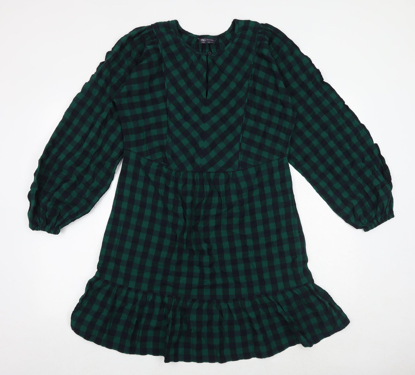 Marks and Spencer Womens Green Check 100% Cotton Skater Dress Size 8 Round Neck Button