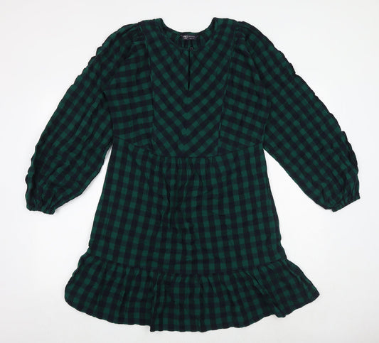 Marks and Spencer Womens Green Check 100% Cotton Skater Dress Size 8 Round Neck Button