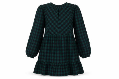 Marks and Spencer Womens Green Check 100% Cotton Skater Dress Size 8 Round Neck Button