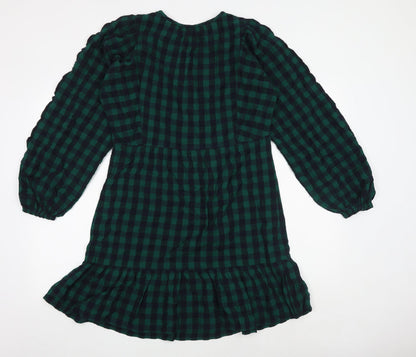 Marks and Spencer Womens Green Check 100% Cotton Skater Dress Size 8 Round Neck Button