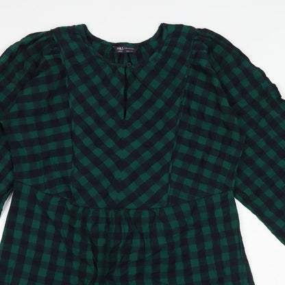 Marks and Spencer Womens Green Check 100% Cotton Skater Dress Size 8 Round Neck Button