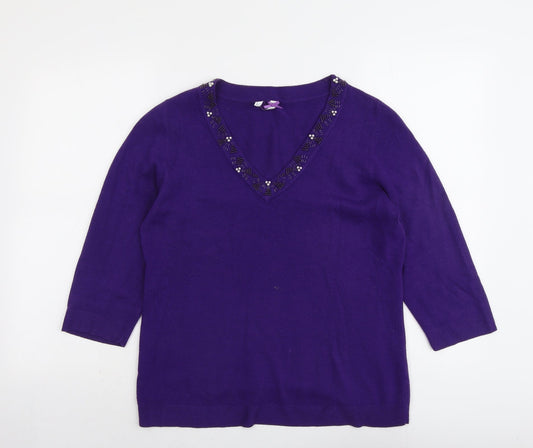 BHS Womens Purple V-Neck Acrylic Pullover Jumper Size 14