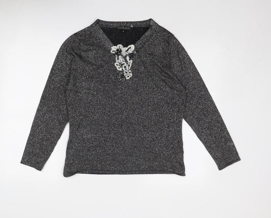 Frank Saul Womens Silver V-Neck Viscose Pullover Jumper Size M