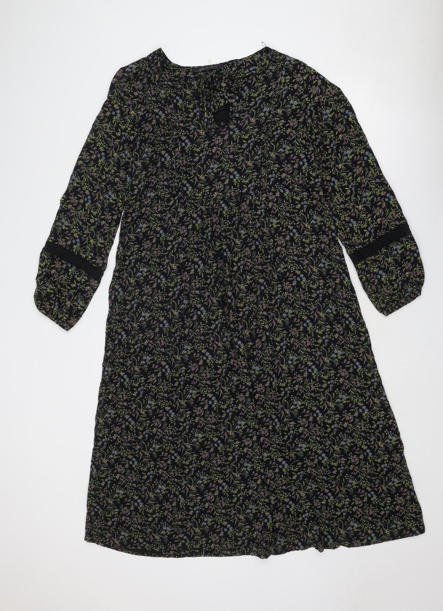 Marks and Spencer Womens Black Floral Viscose Trapeze & Swing Size 10 Round Neck Tie