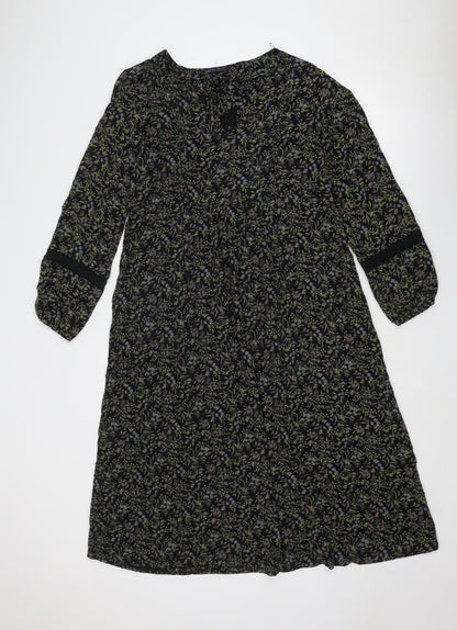 Marks and Spencer Womens Black Floral Viscose Trapeze & Swing Size 10 Round Neck Tie