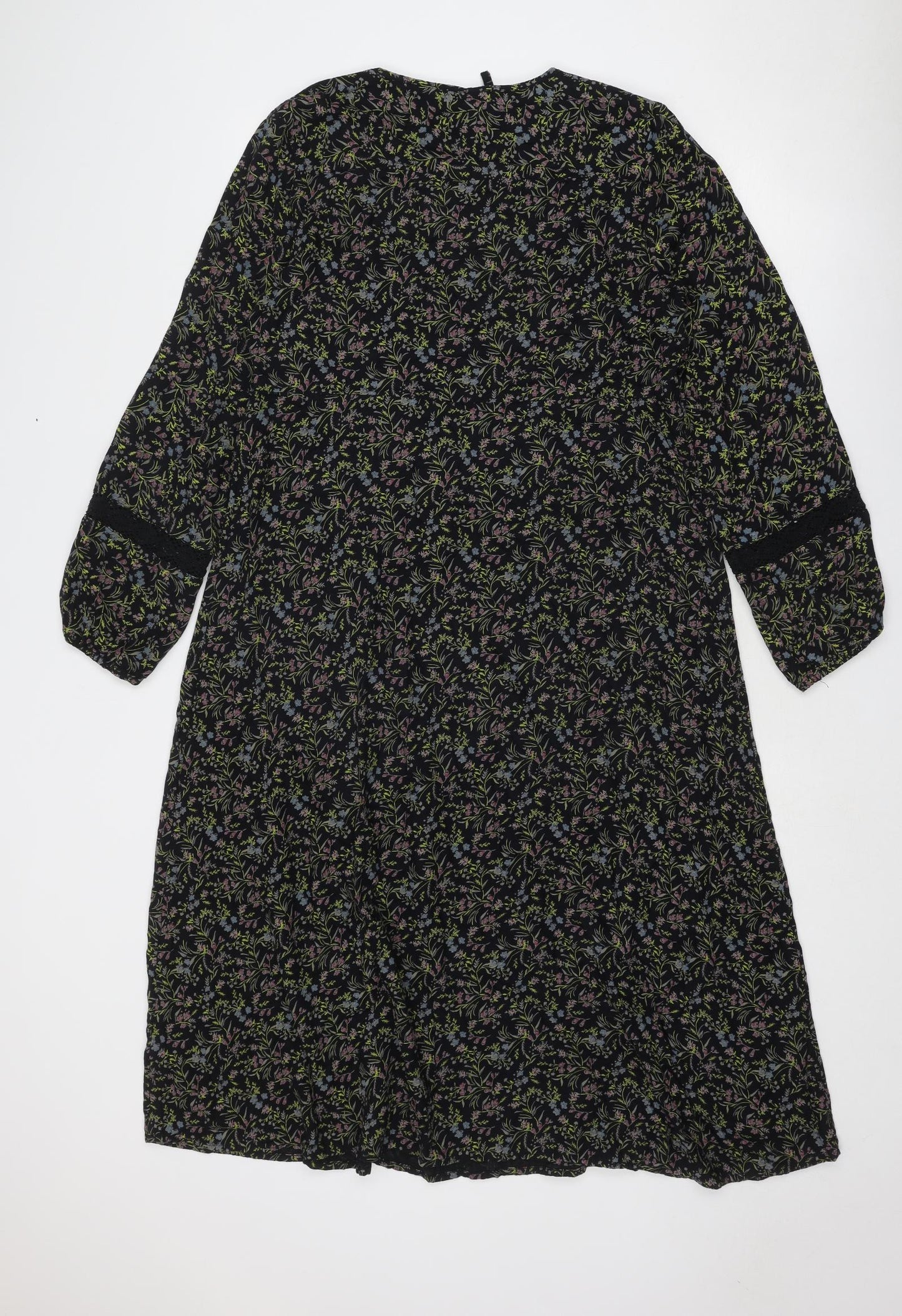 Marks and Spencer Womens Black Floral Viscose Trapeze & Swing Size 10 Round Neck Tie