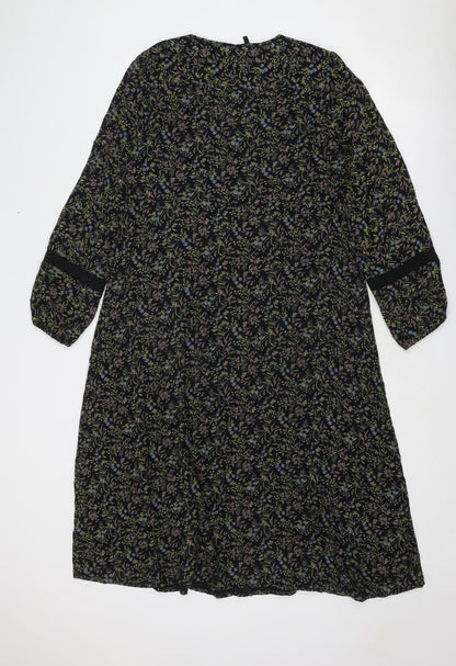 Marks and Spencer Womens Black Floral Viscose Trapeze & Swing Size 10 Round Neck Tie