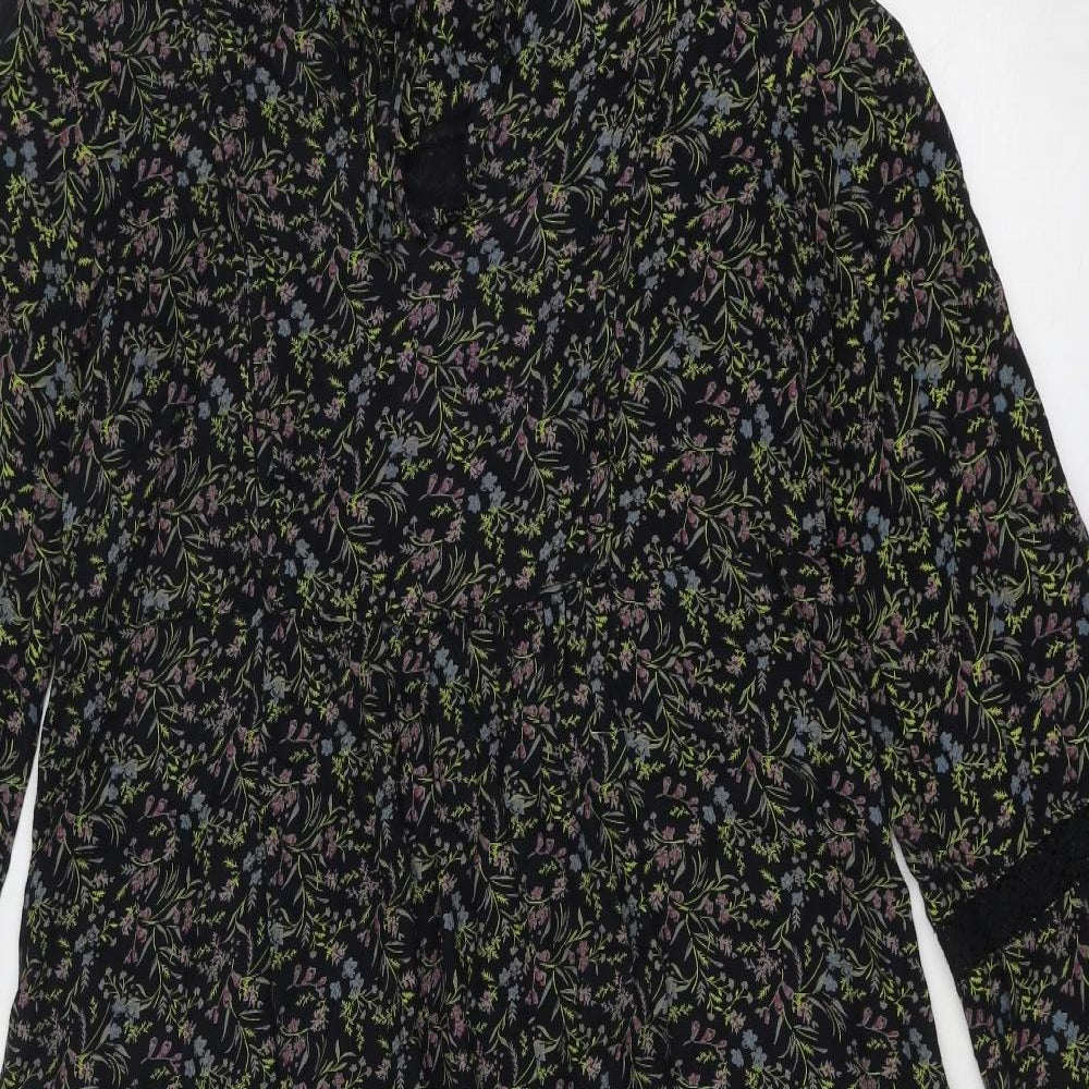 Marks and Spencer Womens Black Floral Viscose Trapeze & Swing Size 10 Round Neck Tie