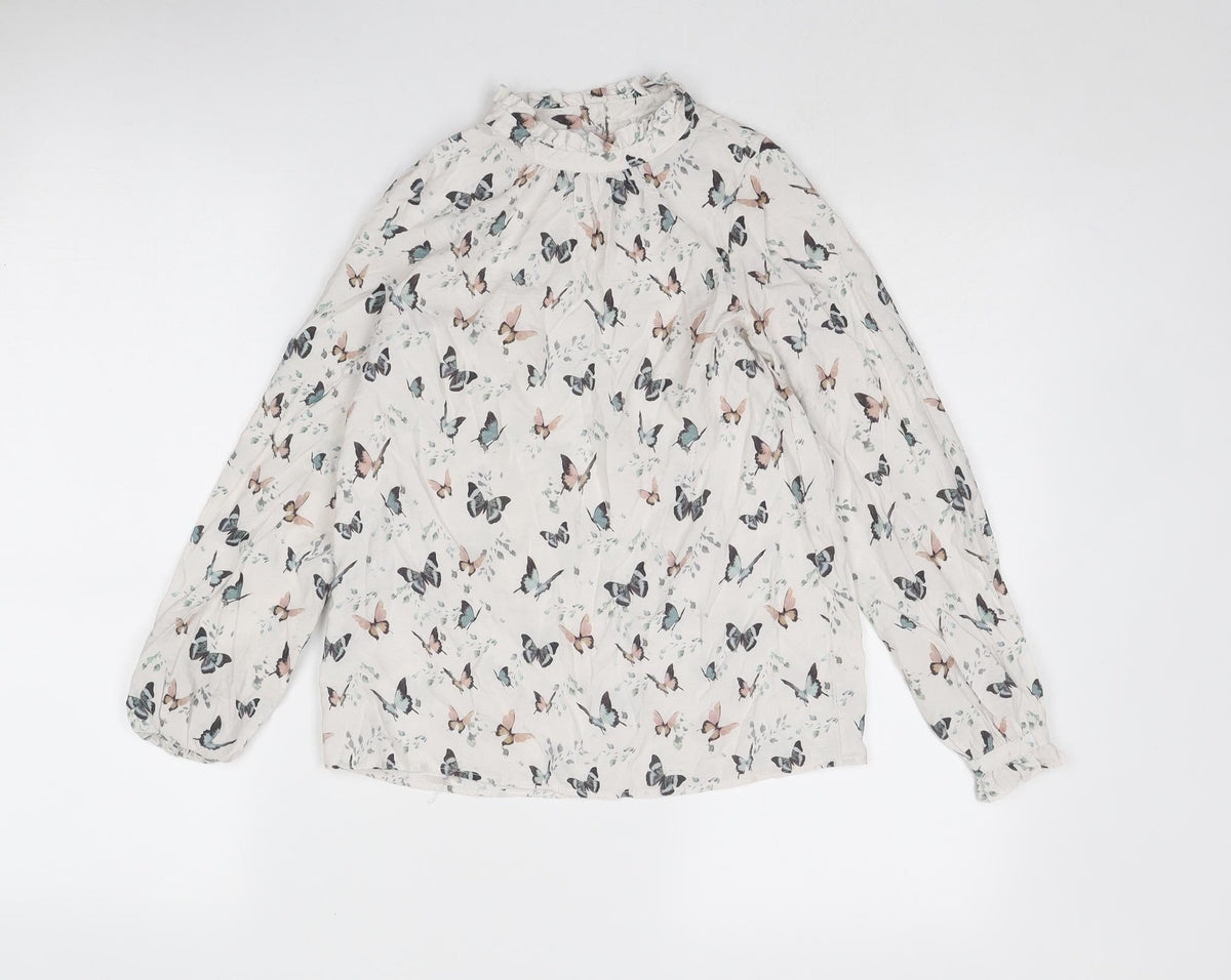 Additional front view of Mango girls’ beige geometric viscose basic blouse, years mock neck button - butterfly pattern
