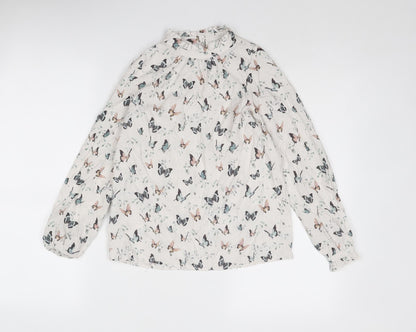 Additional front view of Mango girls’ beige geometric viscose basic blouse, years mock neck button - butterfly pattern