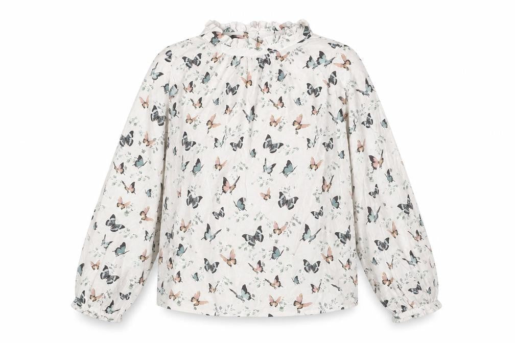 Front view of Mango girls’ beige geometric viscose basic blouse, size 9, years mock neck button - butterfly pattern