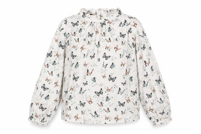 Front view of Mango girls’ beige geometric viscose basic blouse, size 9, years mock neck button - butterfly pattern